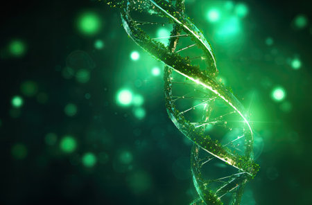 3D illustration DNA helix structure with green light bokeh backgroundの素材