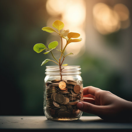 Coins in a glass jar with a tree growing on it. Saving money concept.の素材
