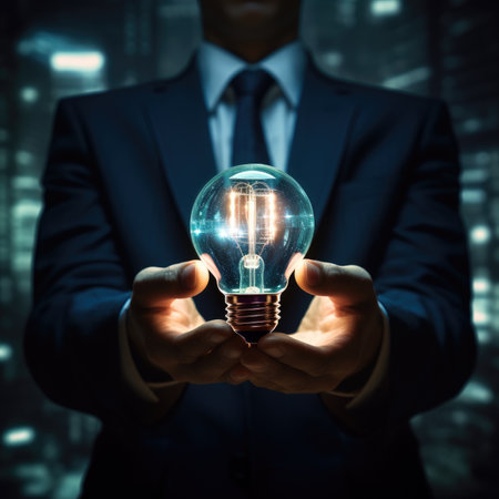 Businessman holding a glowing light bulb in his hand. Mixed mediaの素材