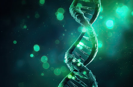 DNA molecule background as biochemistry science concept with green light bokehの素材
