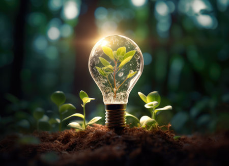 Green plant growing inside of light bulb in soil. Ecology and environment concept.の素材