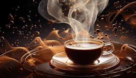 Cup of coffee with smoke on dark background. 3d renderingの素材