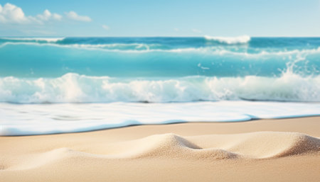 Closeup of sand on beach with turquoise sea and blue sky backgroundの素材
