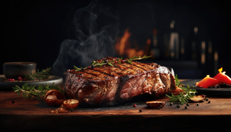 Grilled beef steak with rosemary and spices on a dark backgroundの素材
