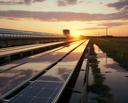 solar energy panels on the roof of a power plant at sunsetの素材
