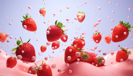 strawberry splashing into milkshake, 3d illustrationの素材