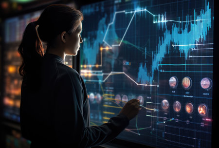 Side view of businesswoman looking at hologram screen. Business conceptの素材