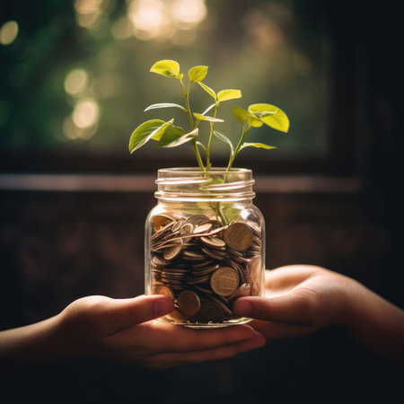 Coins in a glass jar with a young plant on the background of the windowの素材