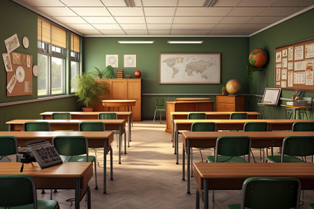 Classroom interior with green walls and wooden floorの素材