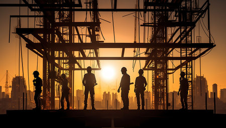 silhouette of engineer and worker working on construction site at sunsetの素材