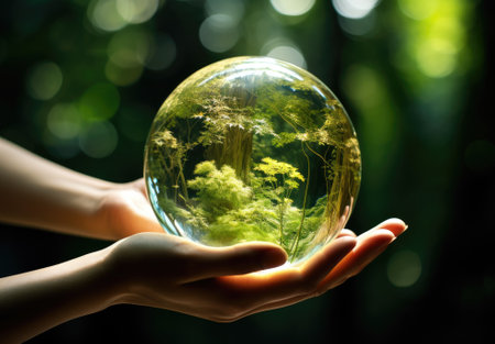 Close up of human hands holding glass globe with green forest in itの素材