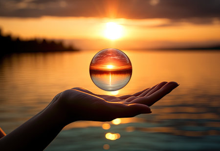 Crystal ball in the hands of a woman against the background of the setting sunの素材