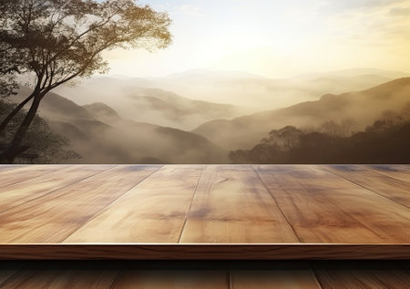 Empty wooden deck table top over misty landscape background, product display montageの素材