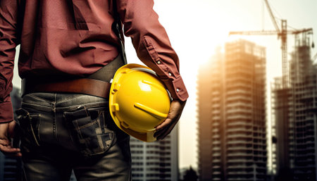 engineer holding a yellow hard hat on the construction site background.の素材