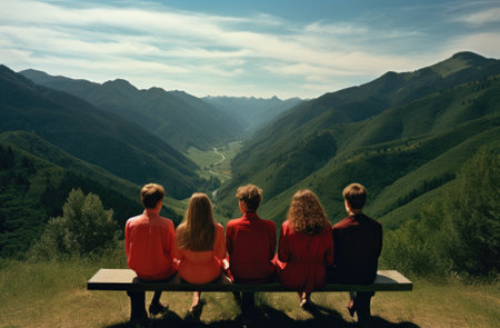 Group of friends sitting on a bench in the mountains and looking at the valleyの素材