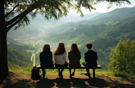 Back view of youth sitting on a bench in the mountains and looking at the valleyの素材