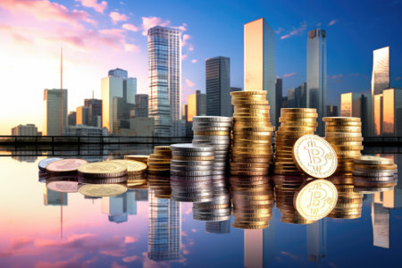 golden coins on the background of the city and skyscrapersの素材