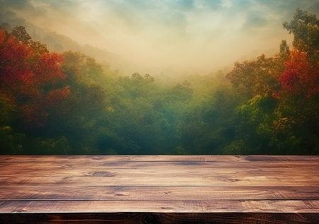 Empty wooden table for product display montages with autumn forest background.の素材