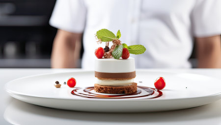 Chocolate cake with strawberries and mint on a white plate in the kitchenの素材