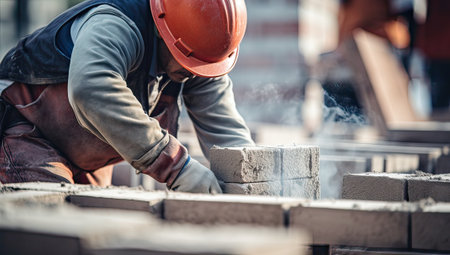 construction worker laying bricks on a construction site, close-upの素材