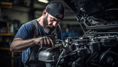 Portrait of a bearded mechanic working on a car in a garageの素材