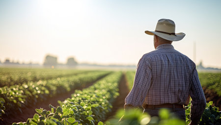 Farmer standing in a row of soybean plants in the fieldの素材