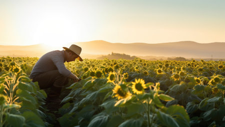 Farmer in hat examining sunflower field with sunflowers at sunsetの素材