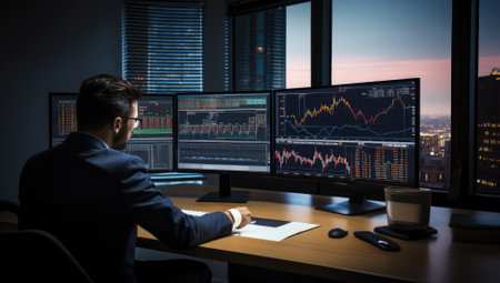 Businessman analyzing stock market data on multiple monitors while sitting in officeの素材