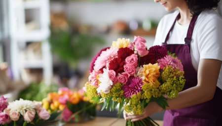 Female florist holding bouquet of flowers in her flower shopの素材