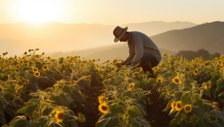 Farmer examining sunflower field at sunset. Agriculture and farming conceptの素材
