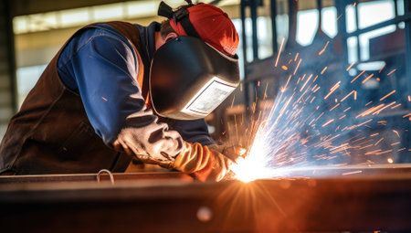 Welder working with arc welding machine to weld steel at factory.の素材