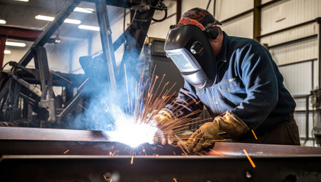 Industrial worker working with electric arc welding machine to weld steel at factoryの素材