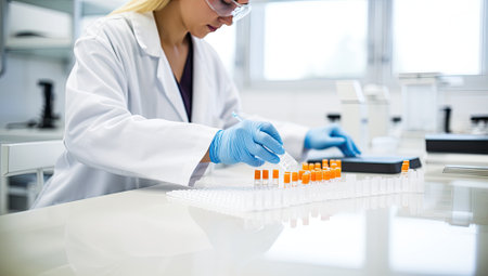 Close-up of a female researcher carrying out scientific research in a labの素材