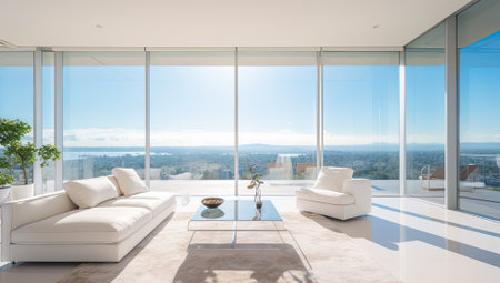 Luxury living room with panoramic window overlooking the cityの素材