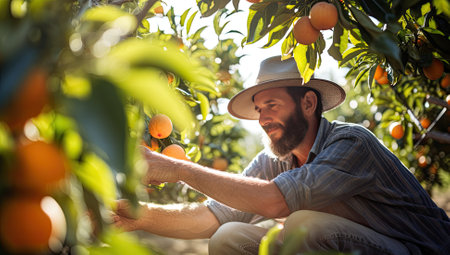 Farmer picking tangerines in his orchard on a sunny dayの素材