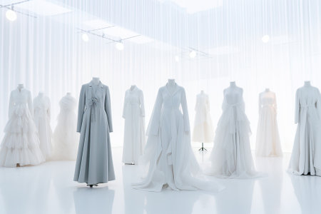 Wedding dress on mannequins in bridal salonの素材
