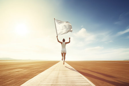 Young woman holding a white flag and jumping on the road with sunlightの素材