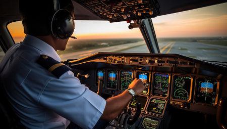Pilot in the cockpit of a plane during flight at sunset.の素材