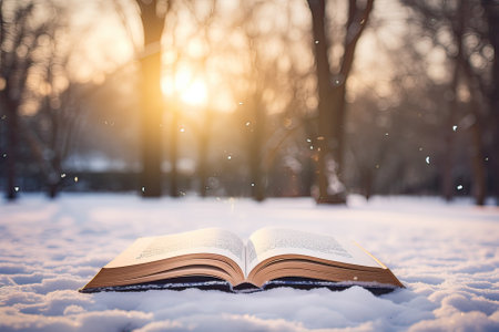 Open book in the snow in the park in the winter at sunsetの素材
