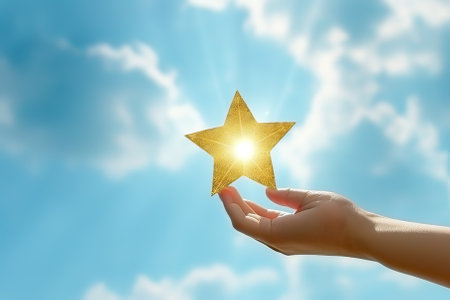 Human hand holding a golden star on the background of the blue skyの素材