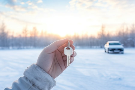 Key in the hands of a man against the background of a winter landscape.の素材