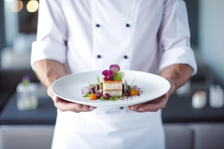 Chef holding a plate with a delicious appetizer in a restaurantの素材