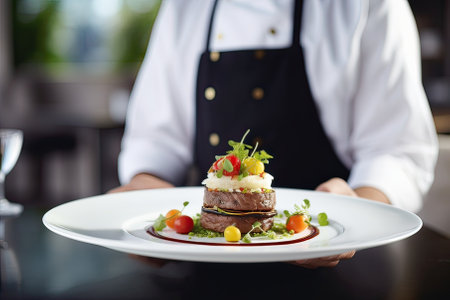 Restaurant waiter serving a dish of beefsteak with vegetablesの素材