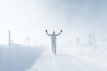 Young woman in suit walking on snowy road.の素材