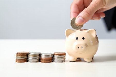 Hand putting coin into piggy bank on white background, saving money conceptの素材
