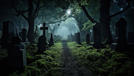 Grave in the forest at night with fog.の素材