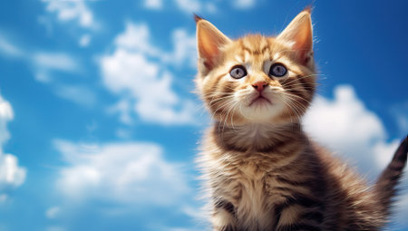 Cute tabby kitten on blue sky background. Copy space.の素材