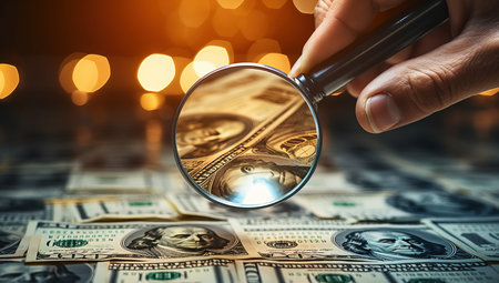 Hand holding magnifying glass over dollar banknotes with bokeh backgroundの素材