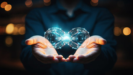 Close up of businessman hands holding digital circuit in palmの素材