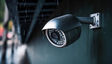 CCTV security camera on the wall in the rain.の素材